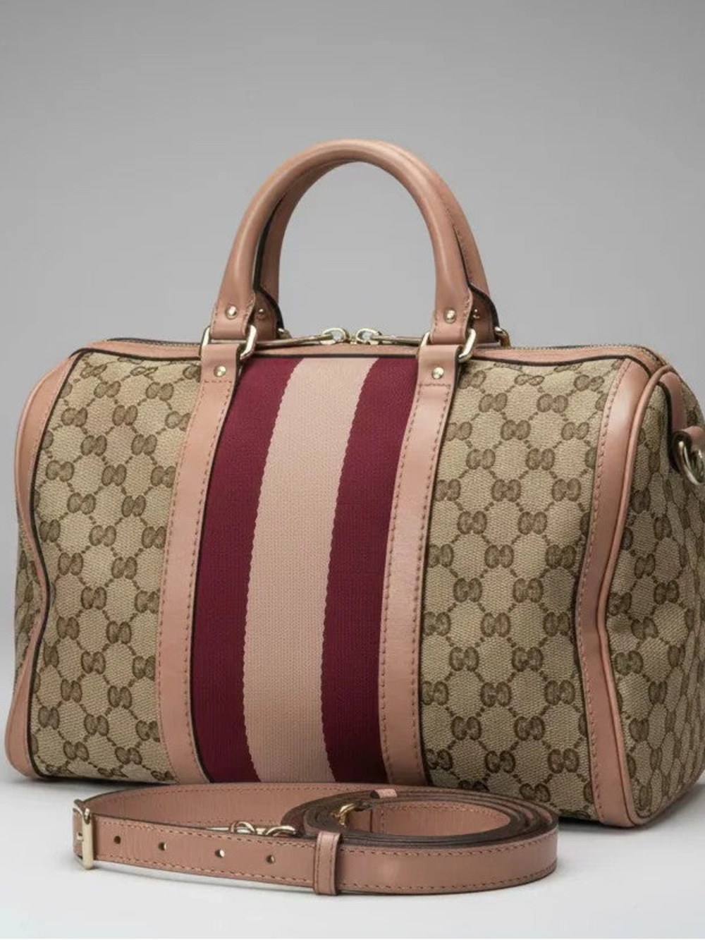 Gucci Beige GG Canvas Boston Bag with Pink and Burgundy Stripes - Picture 1 of 10